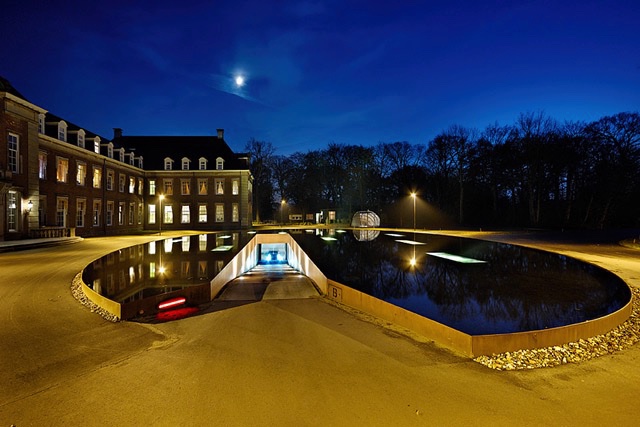 Modern building entrance with moonlit night view