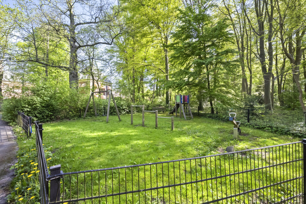 Playground in a sunny wooded area.