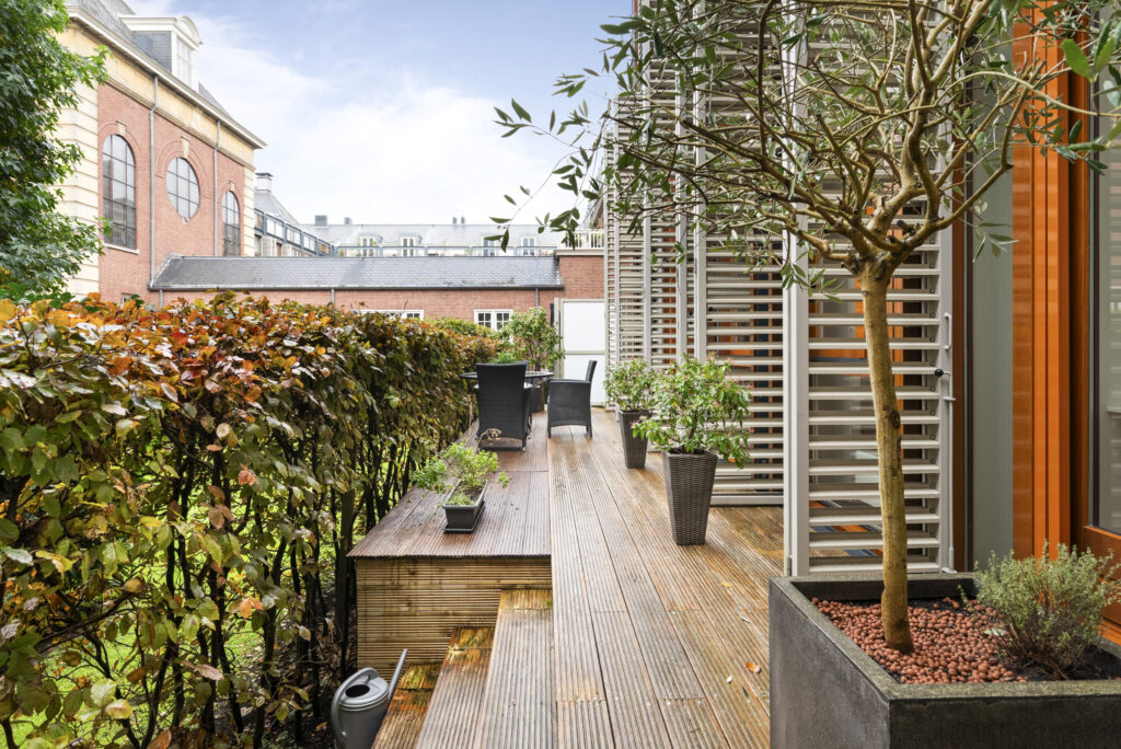 Modern patio with plants and seating area.