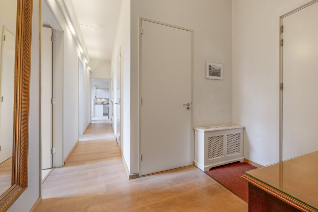 Modern hallway with wooden floor and doors.