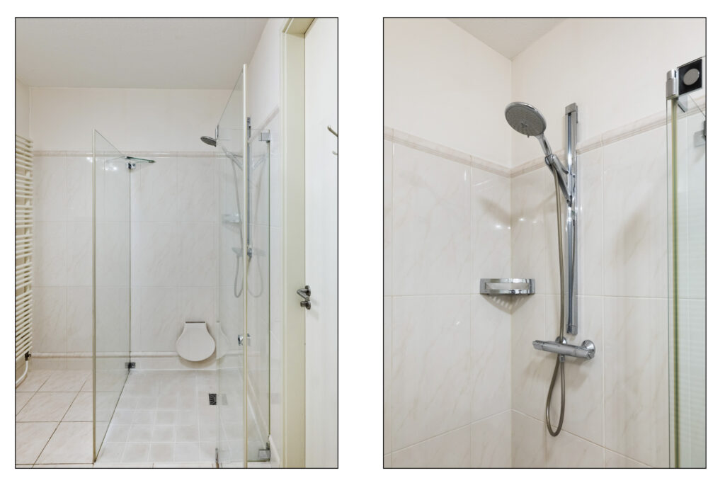 Modern shower with glass panels and fixtures