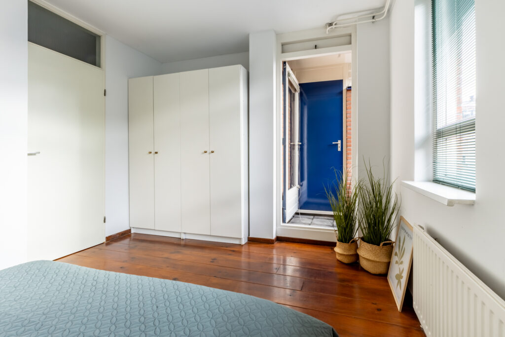 Modern bedroom with closet and blue door