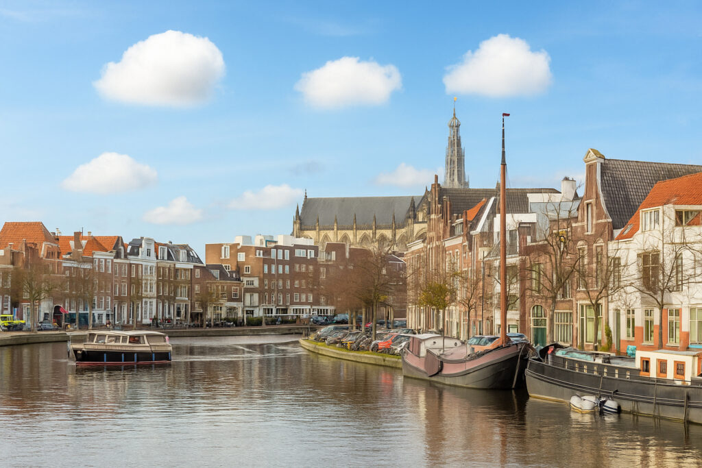 Dutch canal with historic buildings and boats