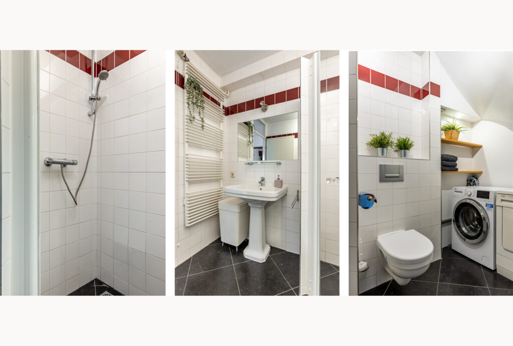 Modern bathroom with shower, sink, and laundry area.