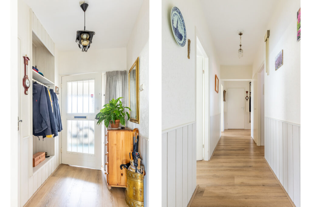 Bright hallway with wooden floor and plants