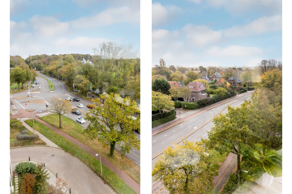 Aerial view of roads with autumn trees.