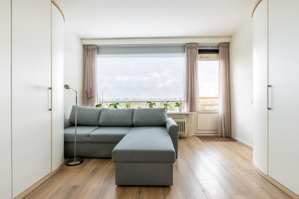 Modern living room with gray sectional sofa.