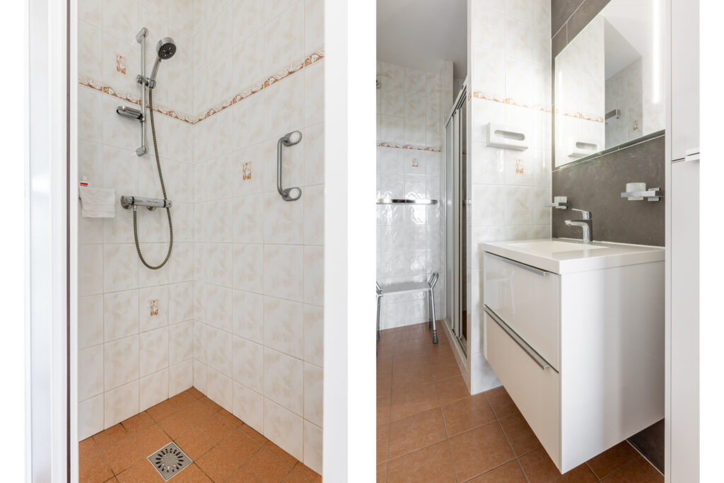 Accessible bathroom with shower and modern vanity