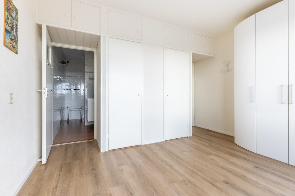 Minimalist room with wooden floor and white closet.