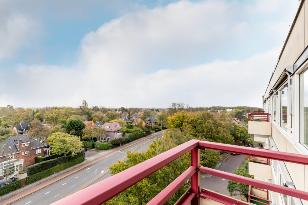 View from balcony over suburban neighborhood and road.