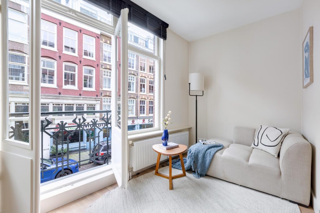Cozy modern living room with a view.