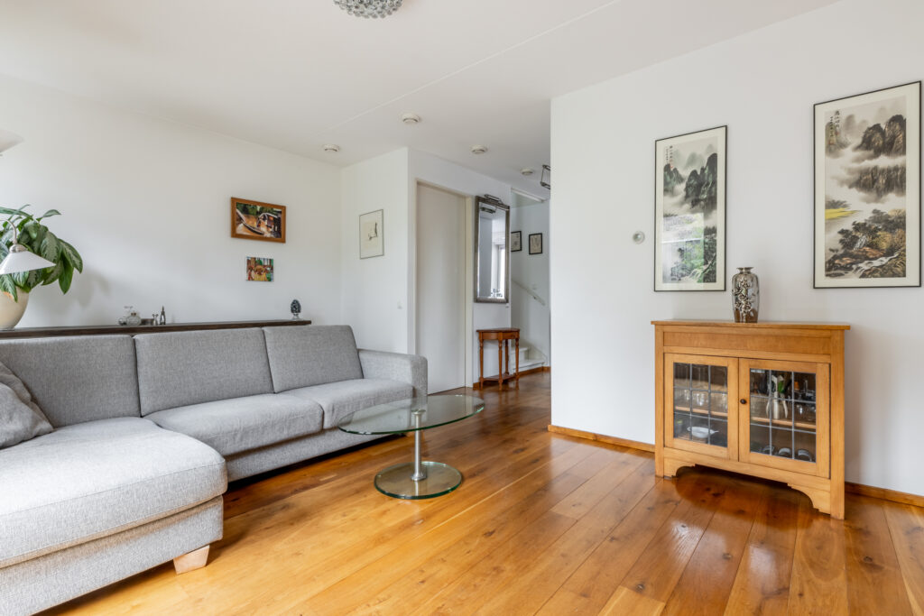 Modern living room with gray sofa and hardwood floors.
