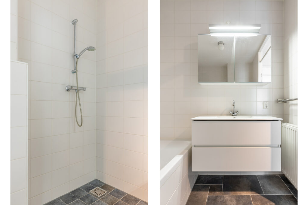 Modern bathroom with shower and vanity unit