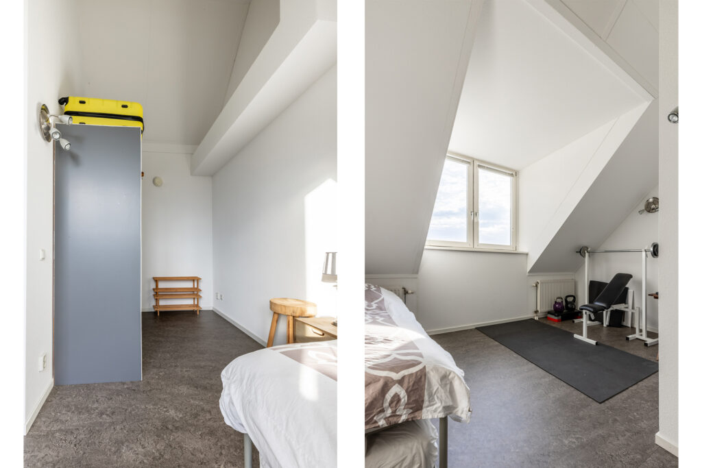 Minimalist bedroom with workout space and storage