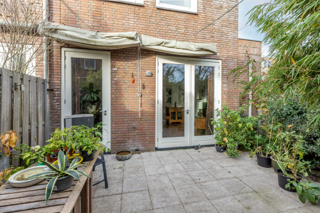 Backyard patio with plants and brick wall.