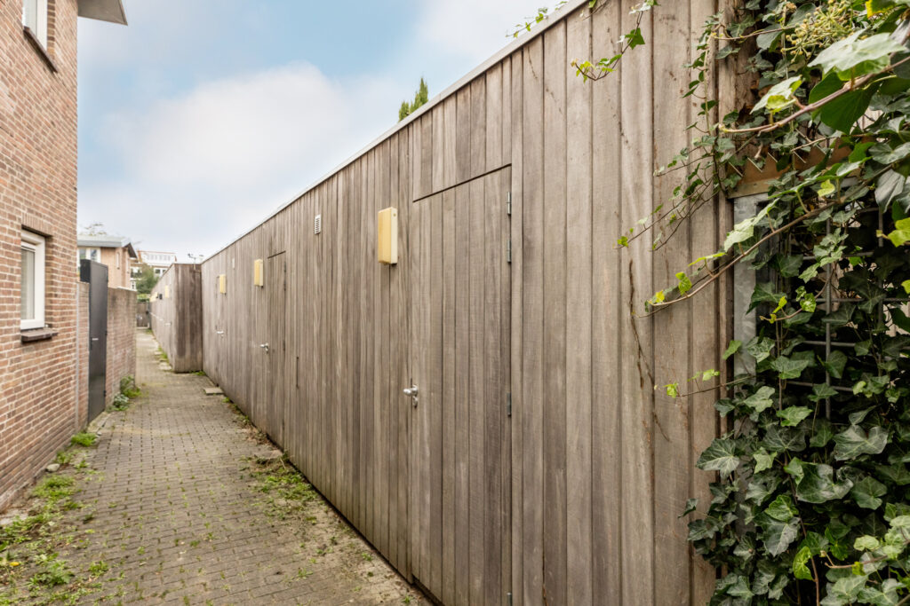 Narrow alley between brick and wooden buildings with ivy.