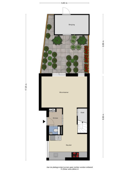 Ground floor layout with garden and storage area.