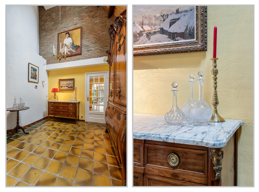 Vintage interior with wooden furniture and paintings.