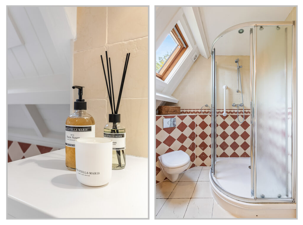 Bathroom with toiletry set and shower area.