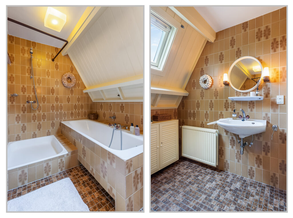 Vintage bathroom with tub, sink, and brown tiles.