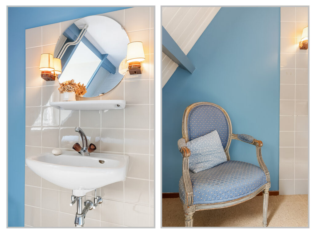 Bathroom with sink and vintage blue chair