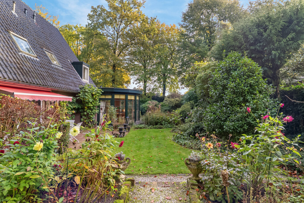 Lush garden with colorful flowers and greenery.