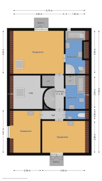 Floor plan with bedrooms and bathrooms layout.