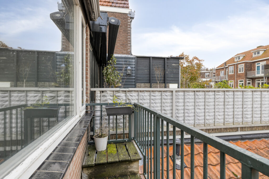 Urban balcony with potted plants and railing view.