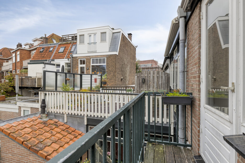 Historic urban rooftop view with terraced houses.