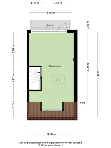 Bedroom floor plan with balcony dimensions.