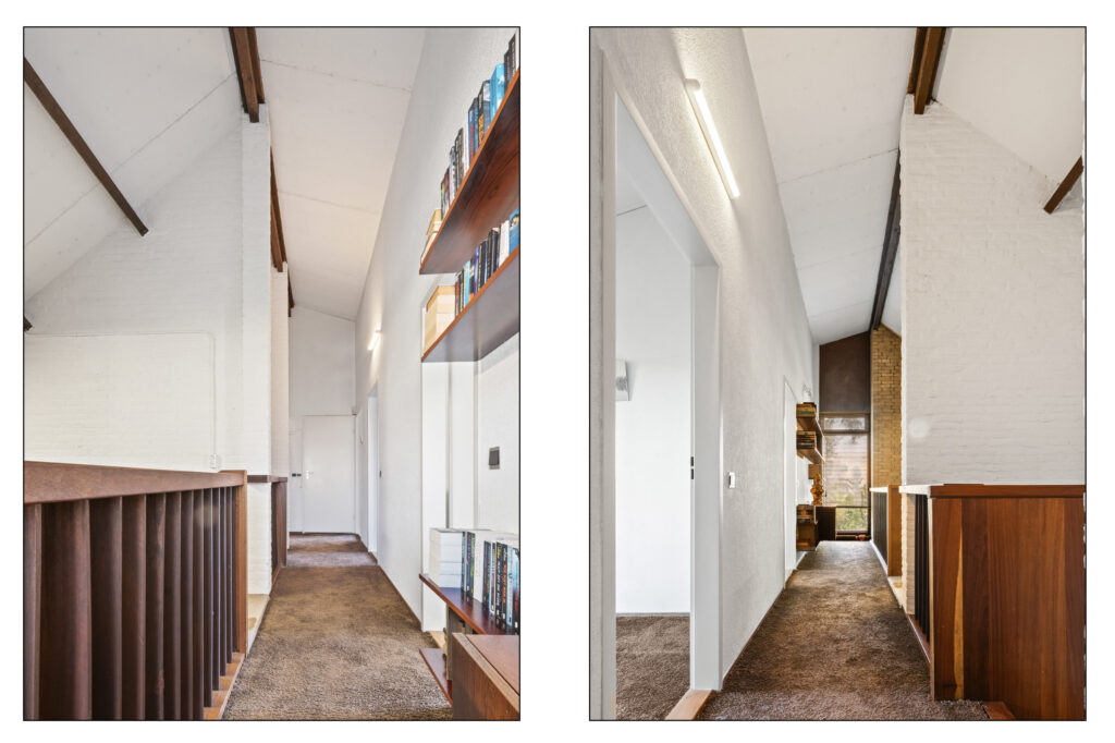 Modern hallway with carpet and bookshelves