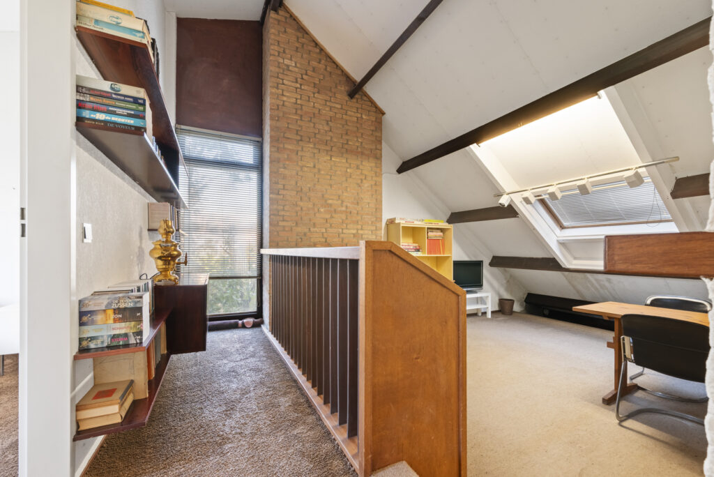 Cozy attic with books and skylight