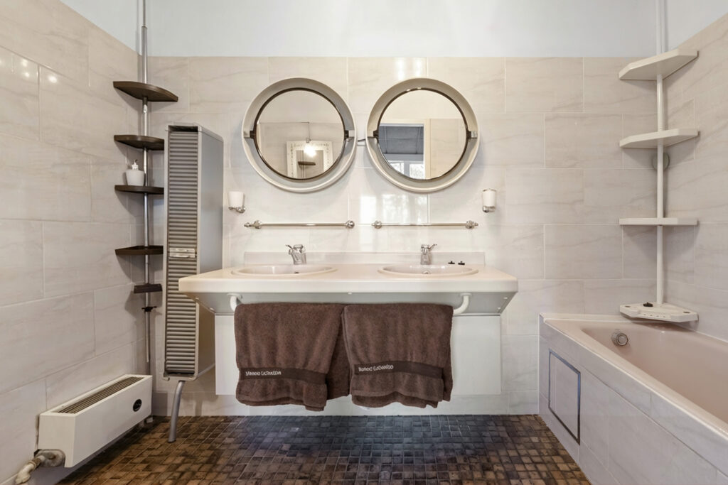 Modern bathroom with double sinks and round mirrors.