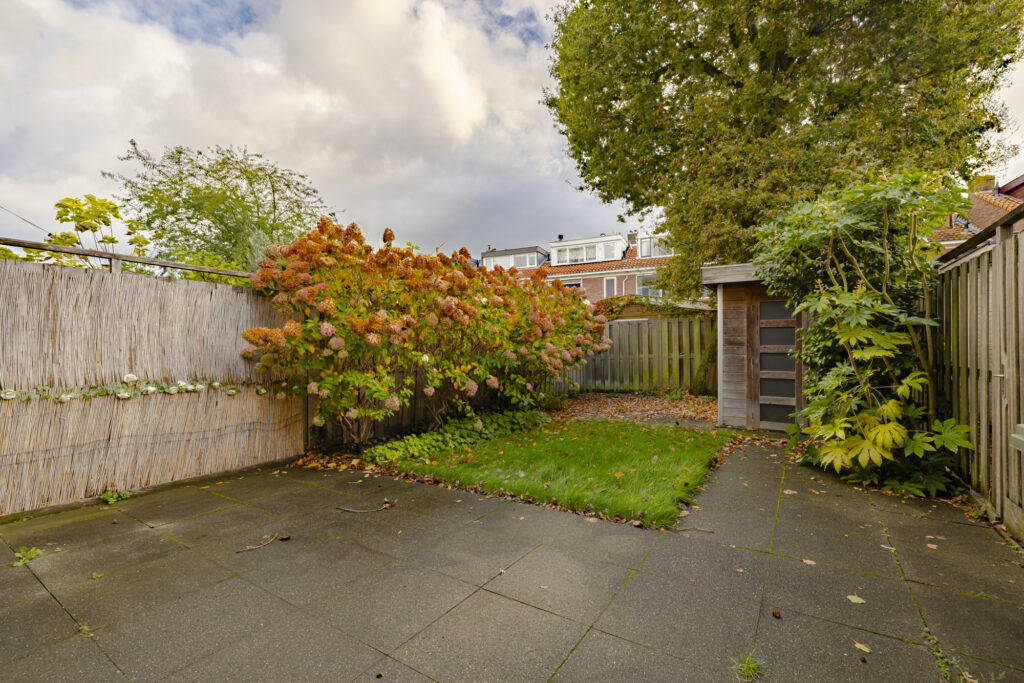 Cozy garden with patio, fence, and shed