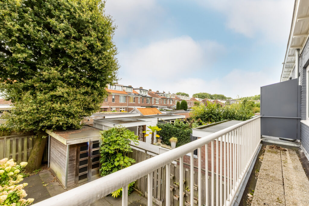 View from balcony overlooking residential rooftops and garden.