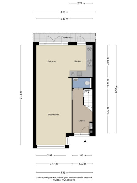 Floor plan with kitchen, living, dining areas.