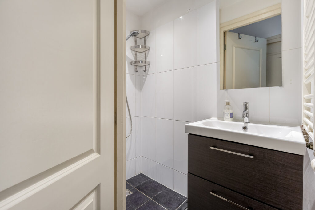Modern bathroom with shower and sink.