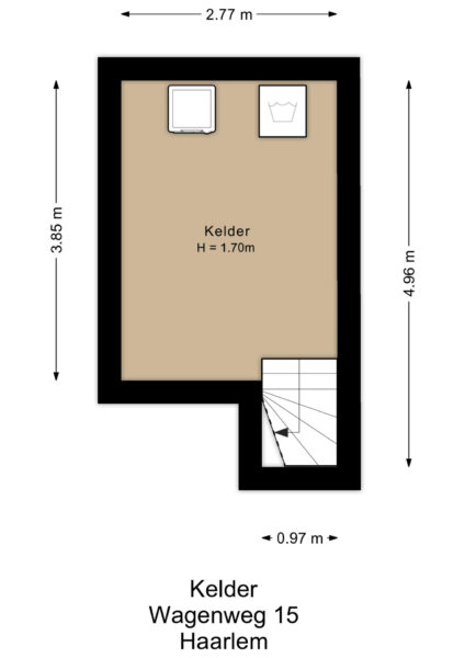 Basement floor plan with measurements and staircase