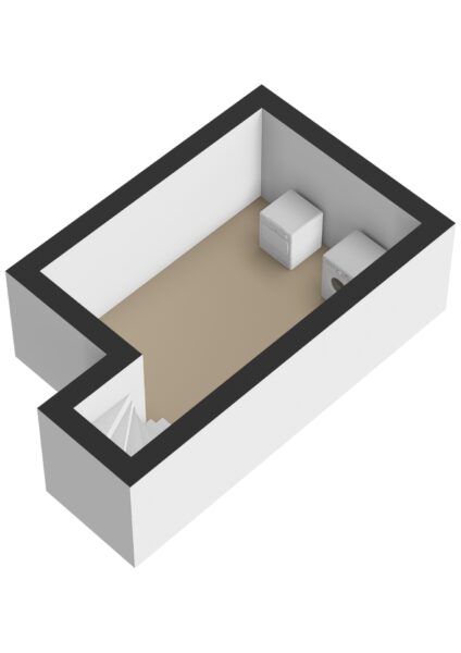 3D model of a basement laundry room layout.
