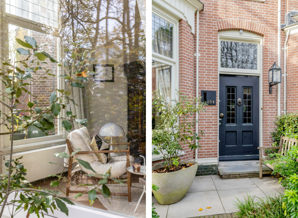 Cozy living room view and elegant brick house entrance.