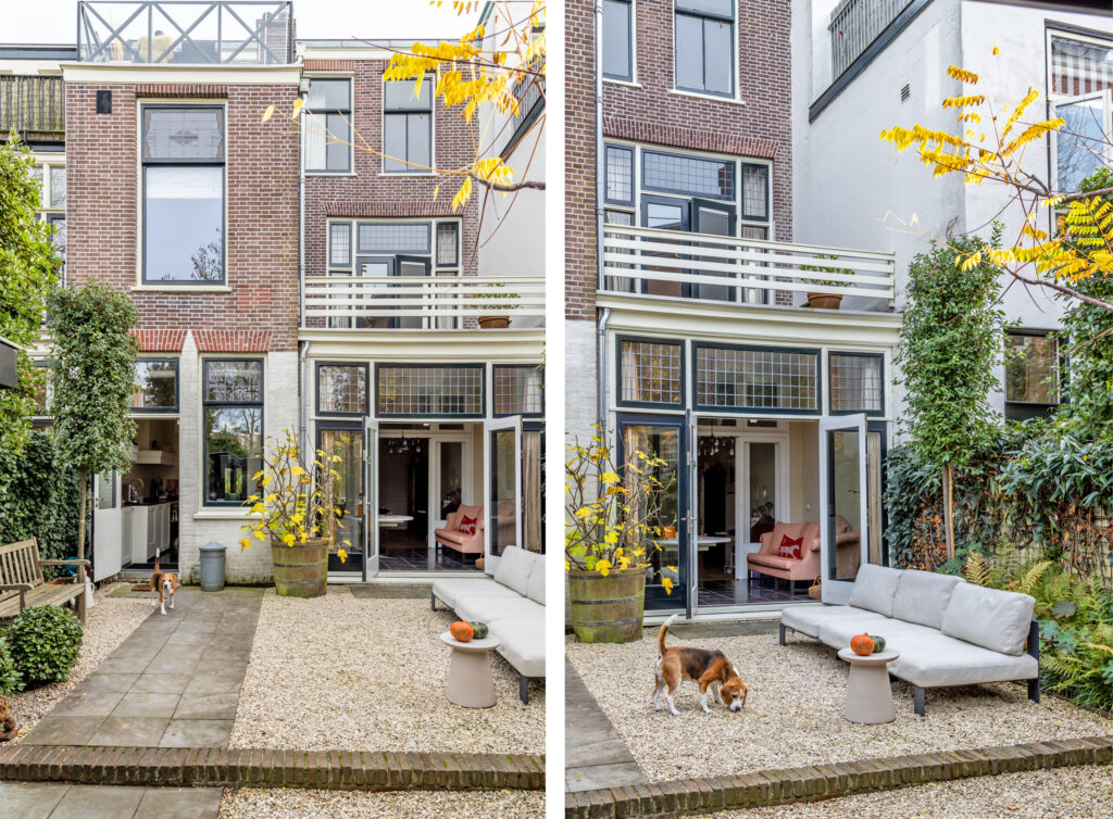 Cozy backyard with open doors and a dog.