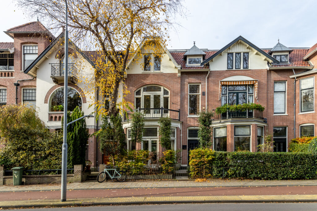 Charming Victorian-style houses with autumn trees.
