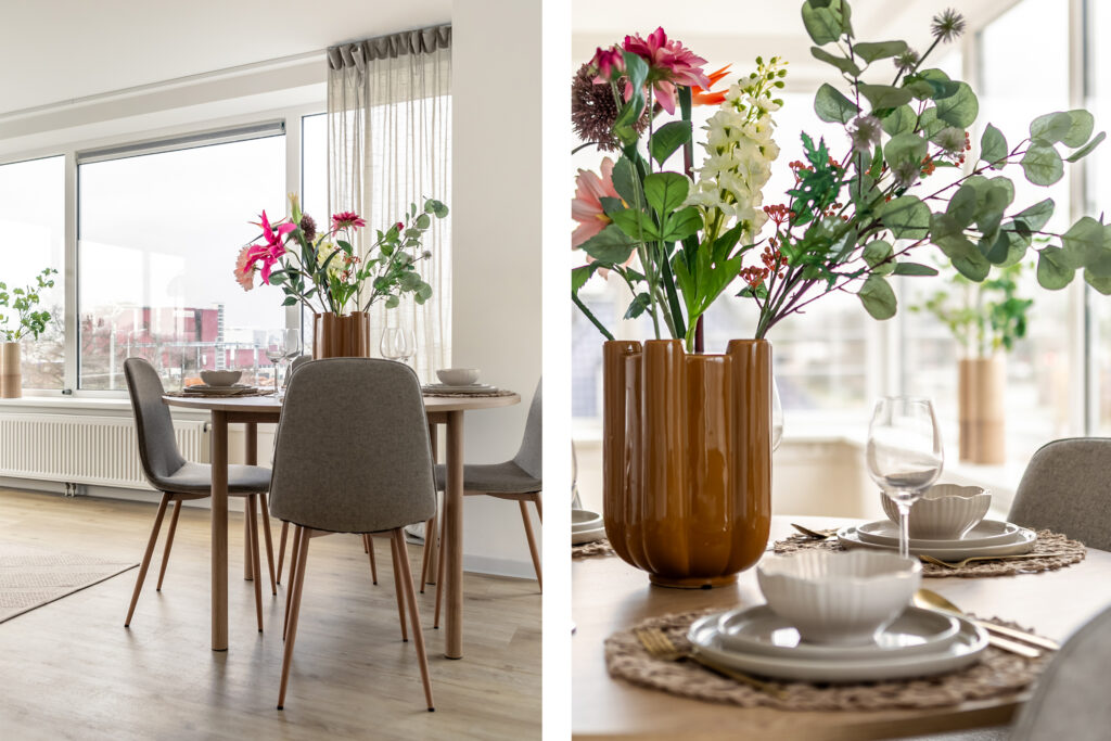Modern dining setup with floral centerpiece.