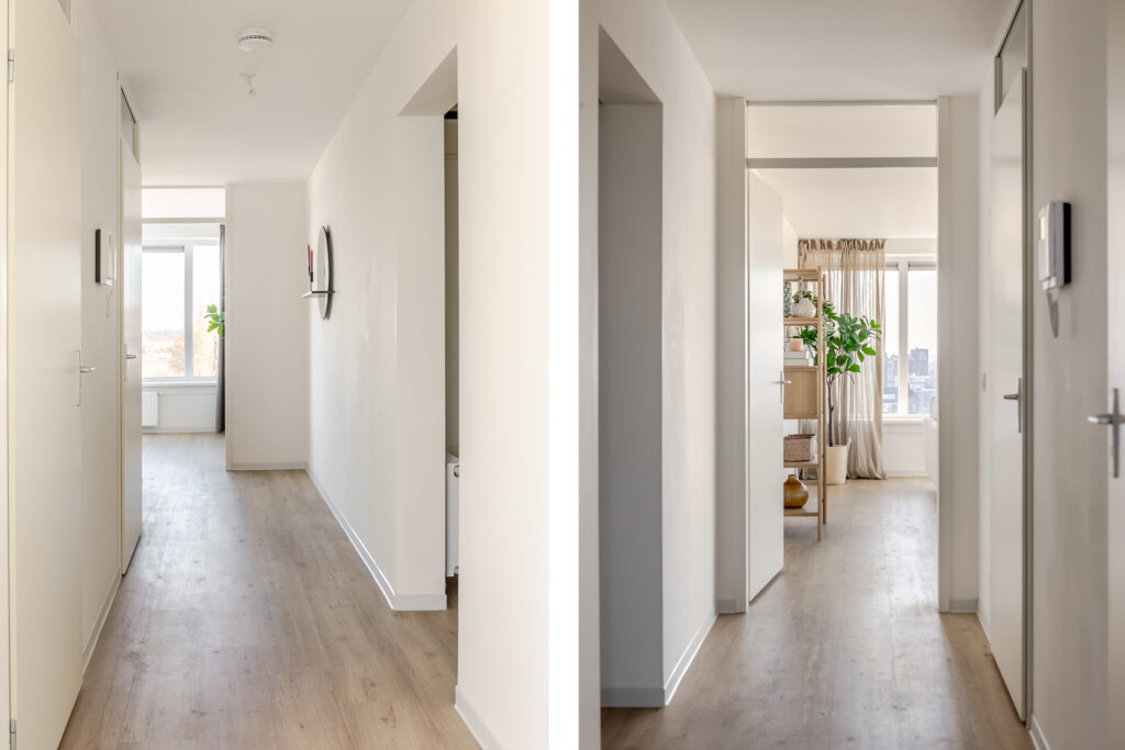 Bright hallway with view of a cozy living space.