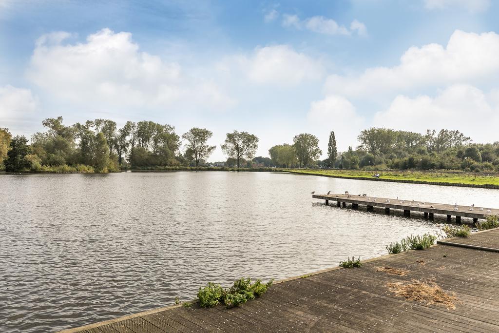 Scenic river with dock and trees under blue sky.