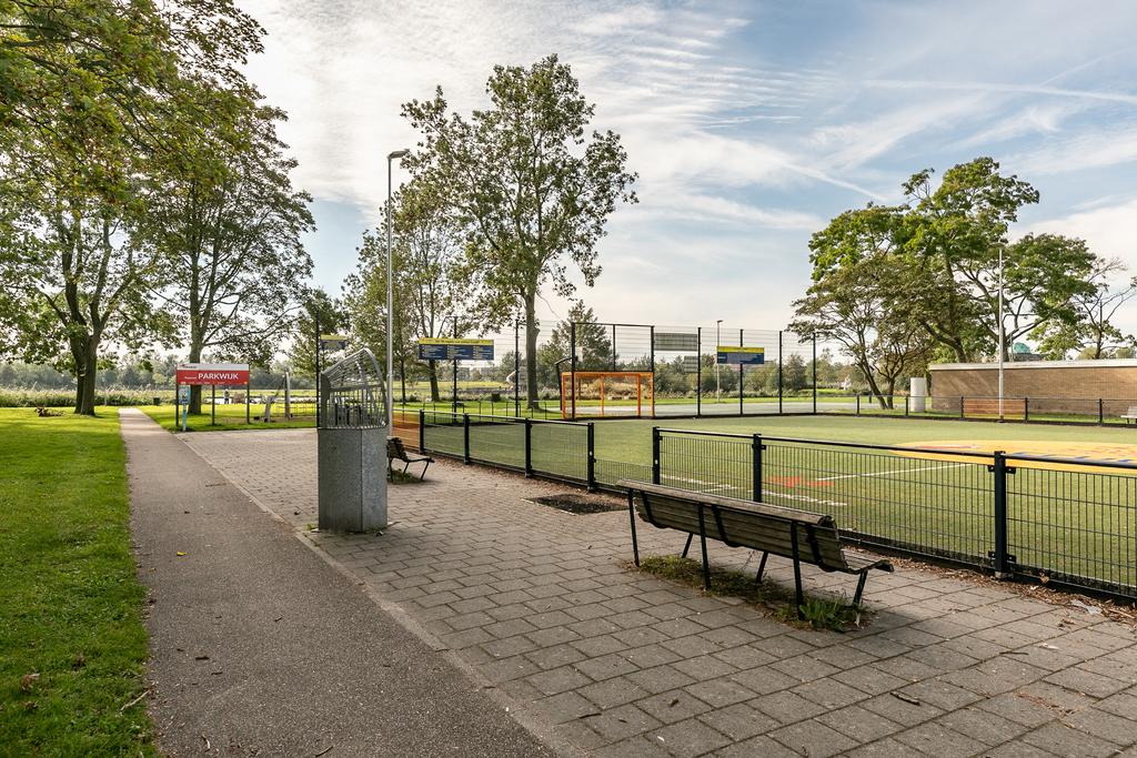 Outdoor sports field with benches and trees.