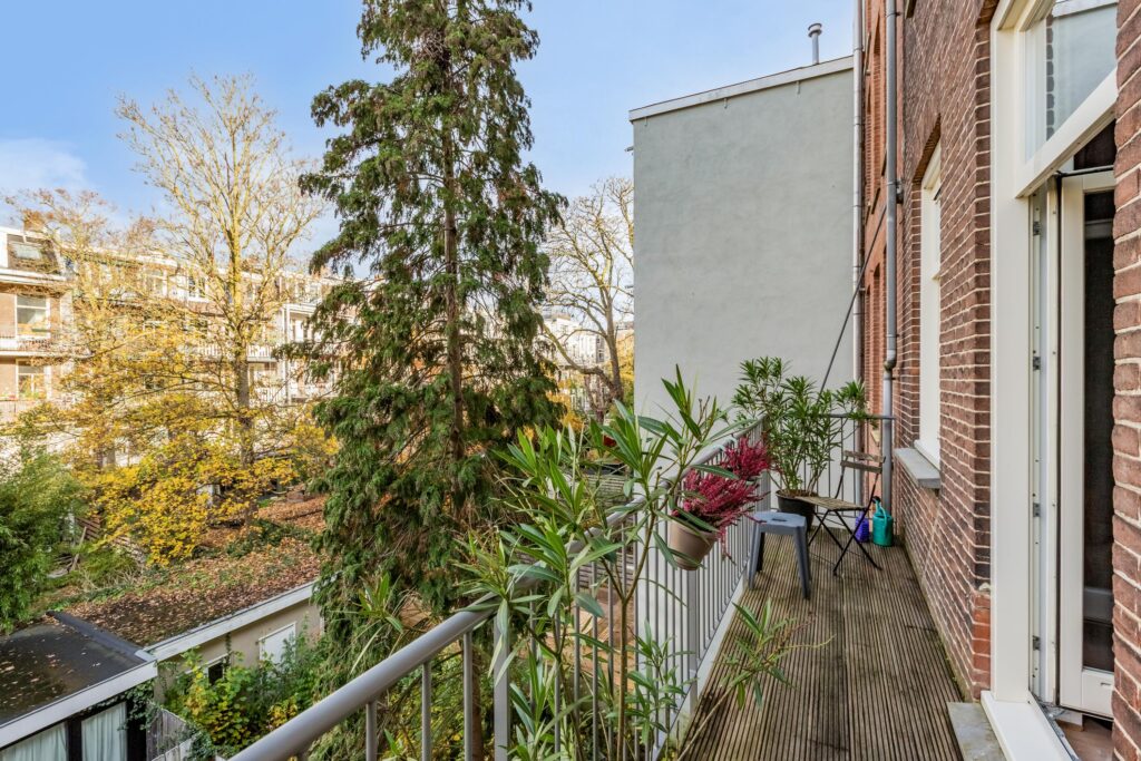 Apartment balcony with plants and city view.