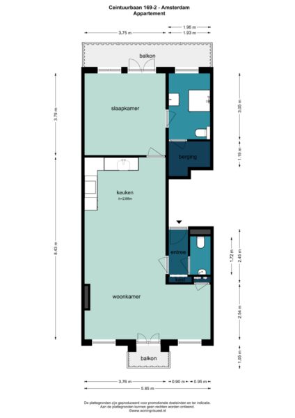 Amsterdam apartment floor plan with dimensions.