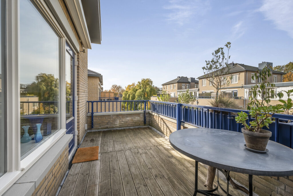 Sunny rooftop terrace with table and plants.