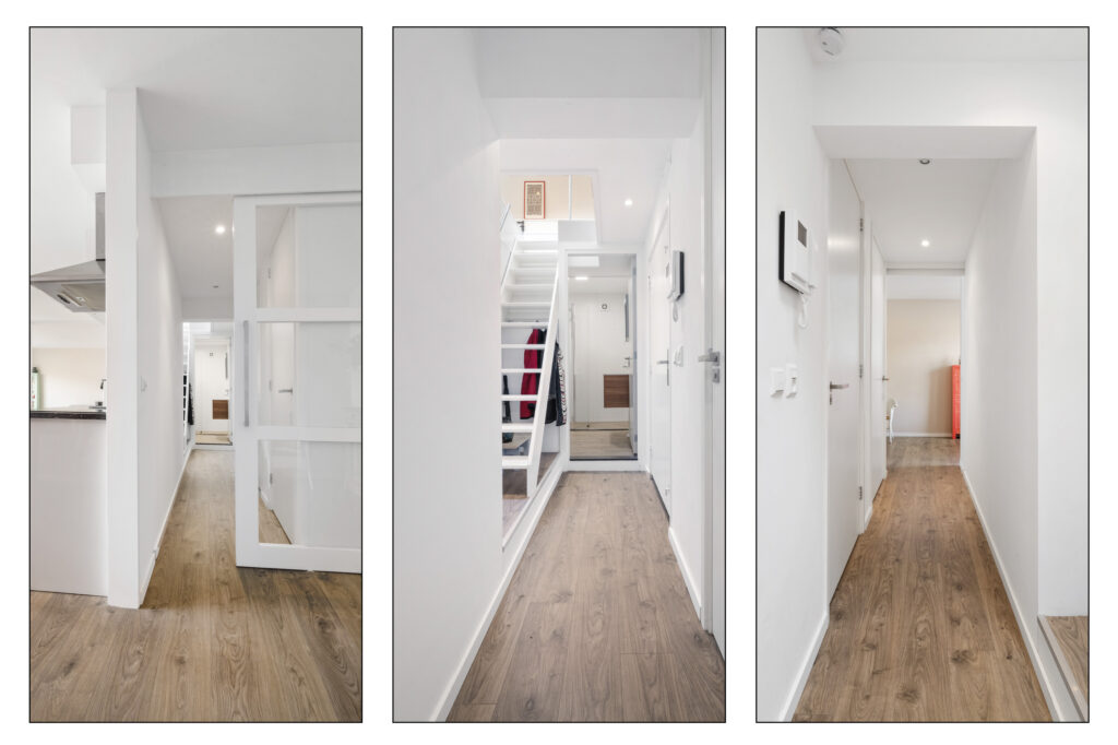 Modern white hallway with wooden flooring